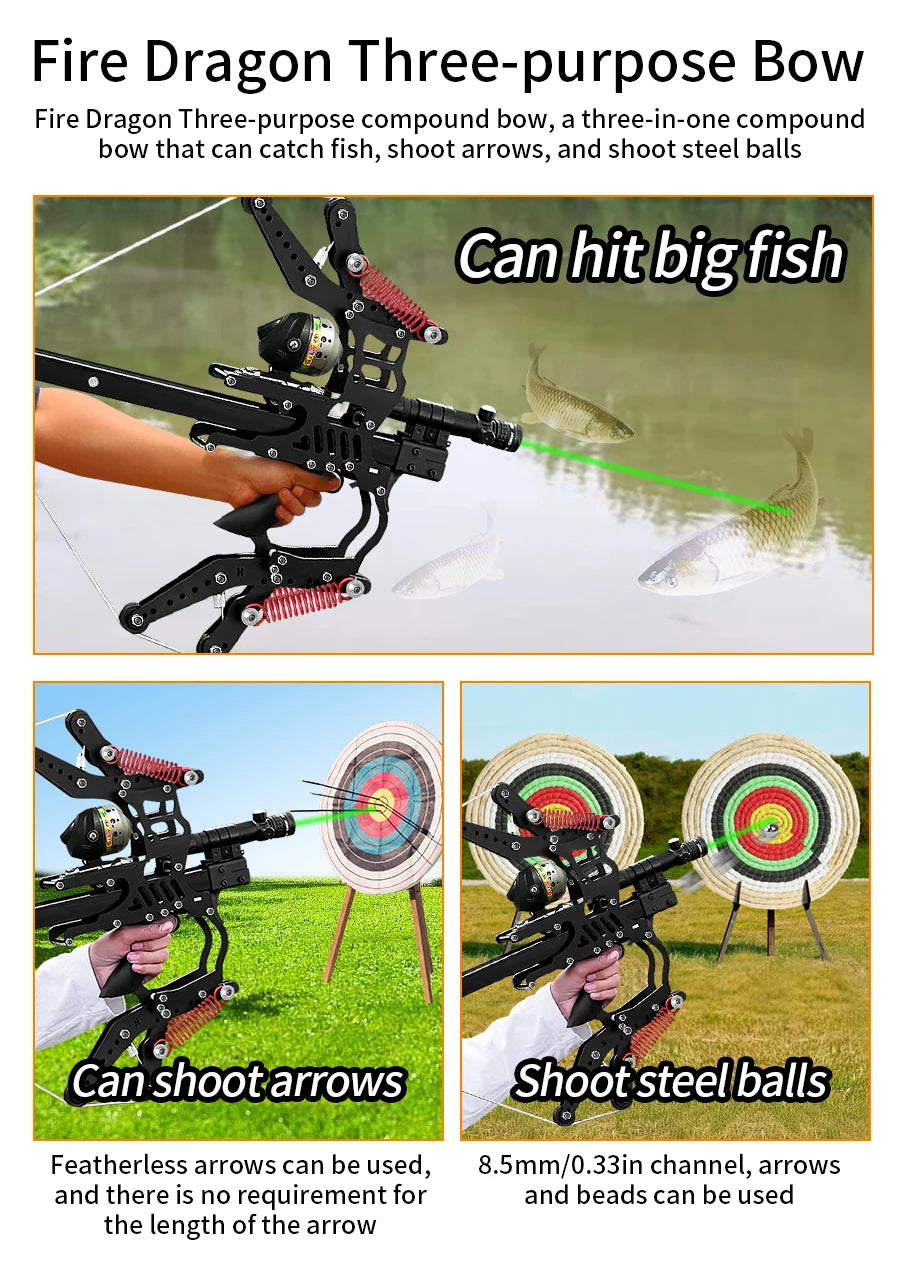 Fire Dragon Dual-Use Compound Bow with Fishing Reel and Sight-Fast Shooting Speed, Ultra-Stable for Hunting, Fishing and Archery