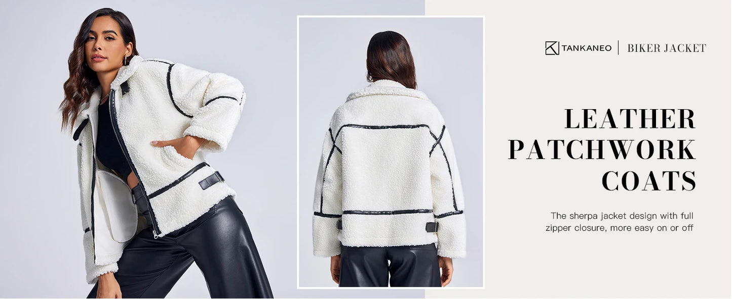 Womens Winter Autumn Daily 2025 Faux Fur Jackets Winter Trendy Sherpa Moto Leather Patchwork Zip Up Coat
