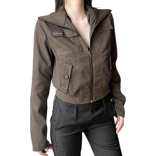 Women s Military Style Utility Jacket with Multiple Pockets and Drawstring Waist Casual Long Sleeve Zip Up Coat