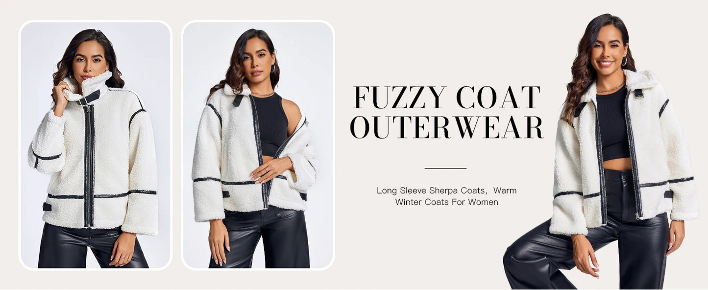 Womens Winter Autumn Daily 2025 Faux Fur Jackets Winter Trendy Sherpa Moto Leather Patchwork Zip Up Coat