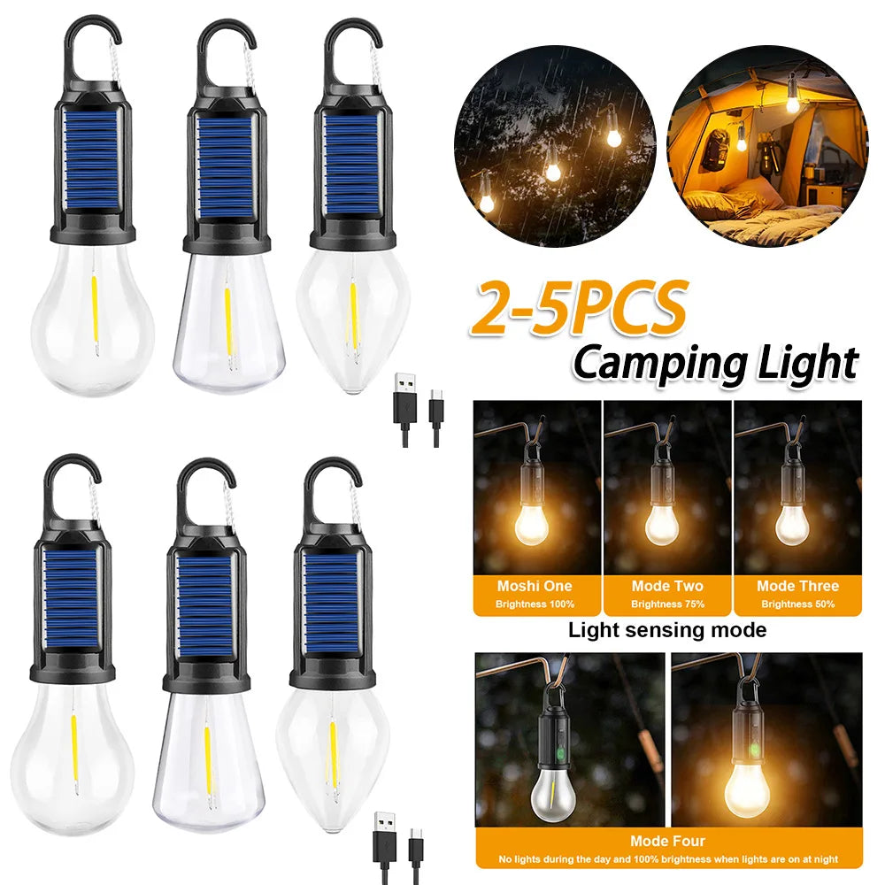 2-5PCS Solar Powered LED Lighting Lantern USB Charging Outdoor Tent Light Waterproof BBQ Atmosphere Light for Outdoor Camping