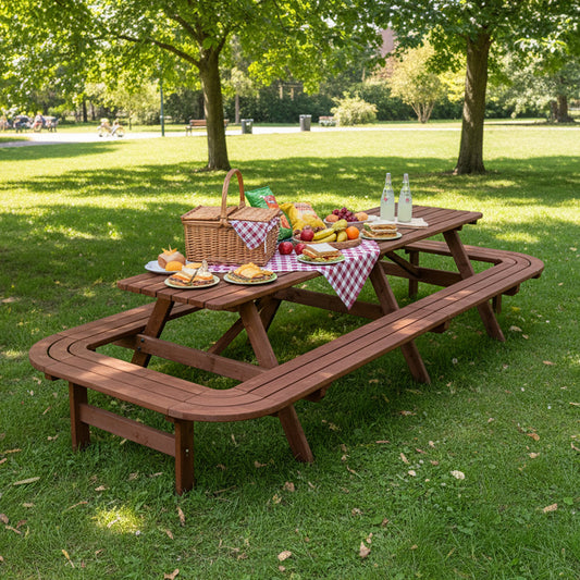 "16-Person Wooden Picnic Table w/ Umbrella Hole, Durable Outdoor Furniture for Patio, BBQ, Deck"