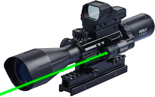 Rifle Scope Red Dot Laser Combo 4-12x50 Illuminated Optics with 4 Reticle Red Green Reflex Sight, Green Dot Laser Sight