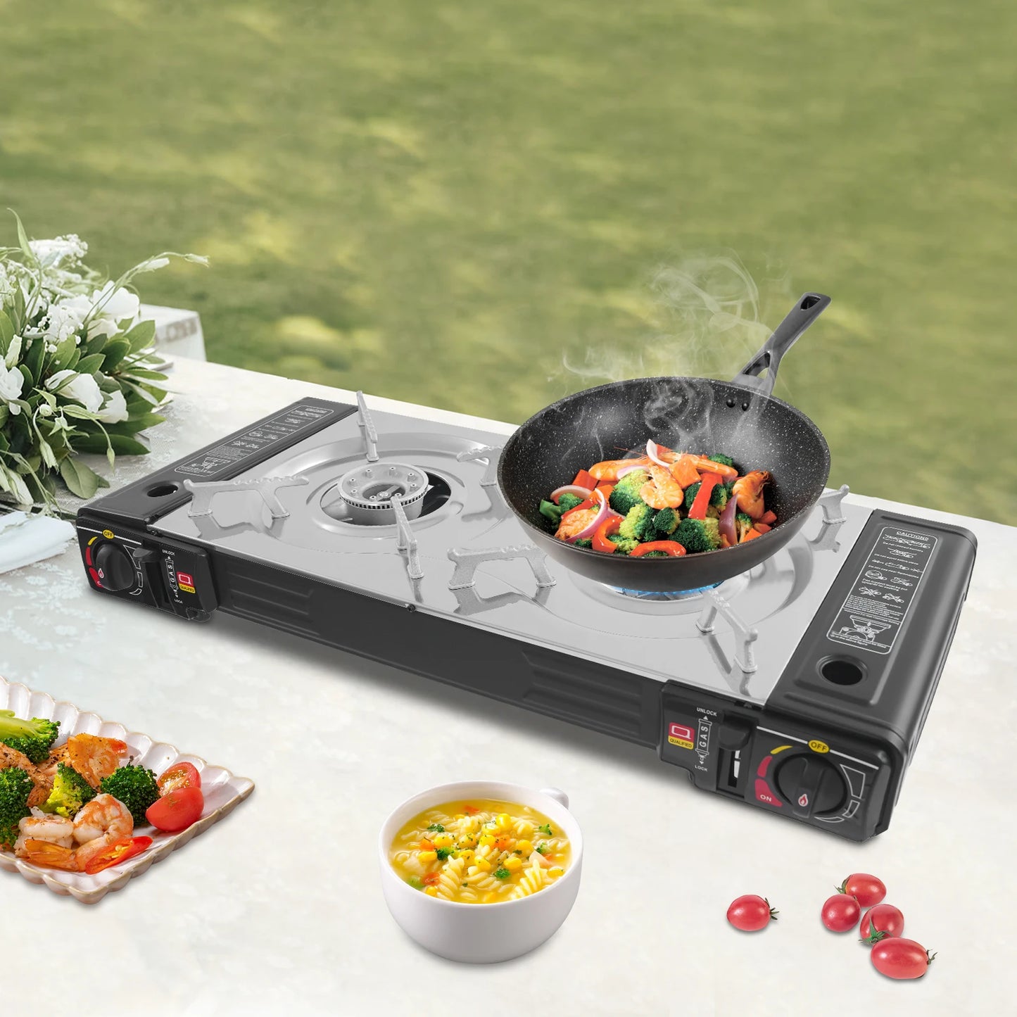 Double Head Barbecue Gas Stove Portable Camping Barbecue Stove with Baking Tray Outdoor Picnic Barbecue Tool