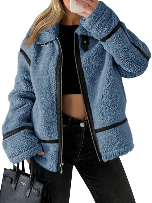 Womens Winter Autumn Daily 2025 Faux Fur Jackets Winter Trendy Sherpa Moto Leather Patchwork Zip Up Coat