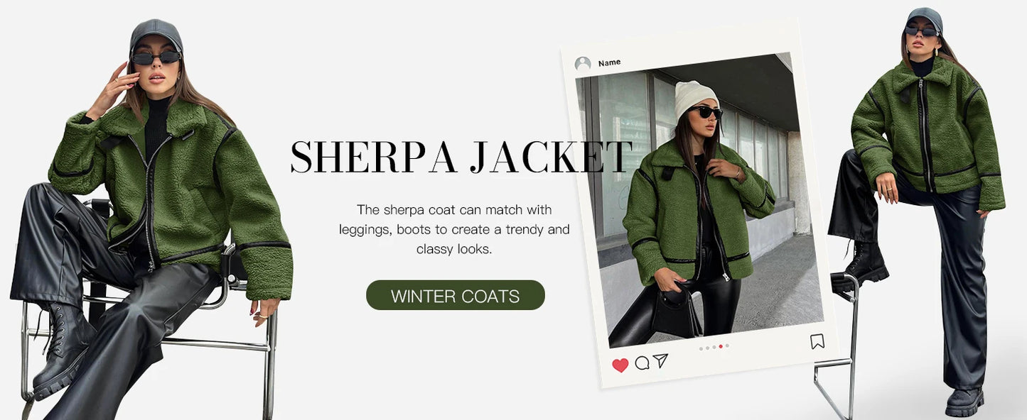 Womens Winter Autumn Daily 2025 Faux Fur Jackets Winter Trendy Sherpa Moto Leather Patchwork Zip Up Coat