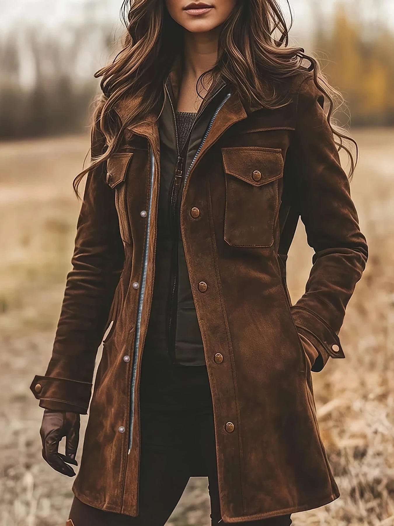 New Women's Vintage Suede Turtleneck Casual Jacket, a Versatile and Elegant Mid-Length Coat, Perfect for Autumn and Winter