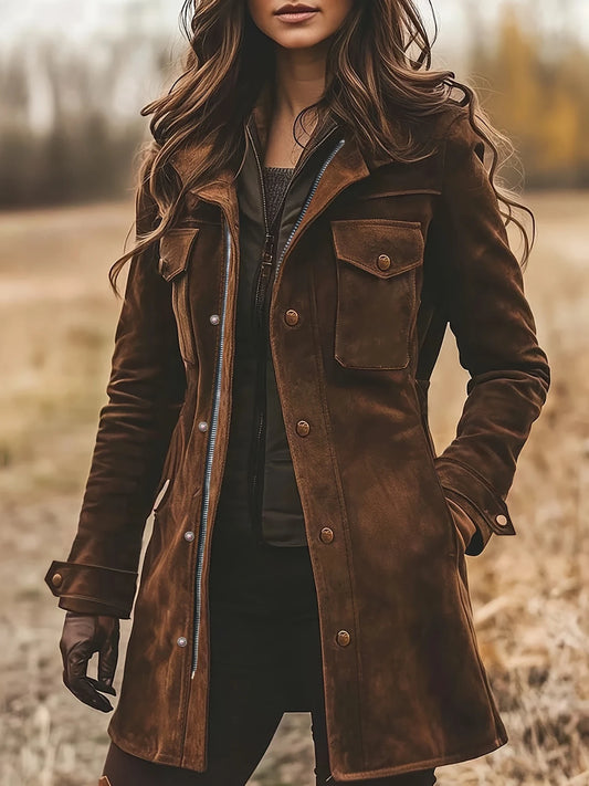 New Women's Vintage Suede Turtleneck Casual Jacket, a Versatile and Elegant Mid-Length Coat, Perfect for Autumn and Winter