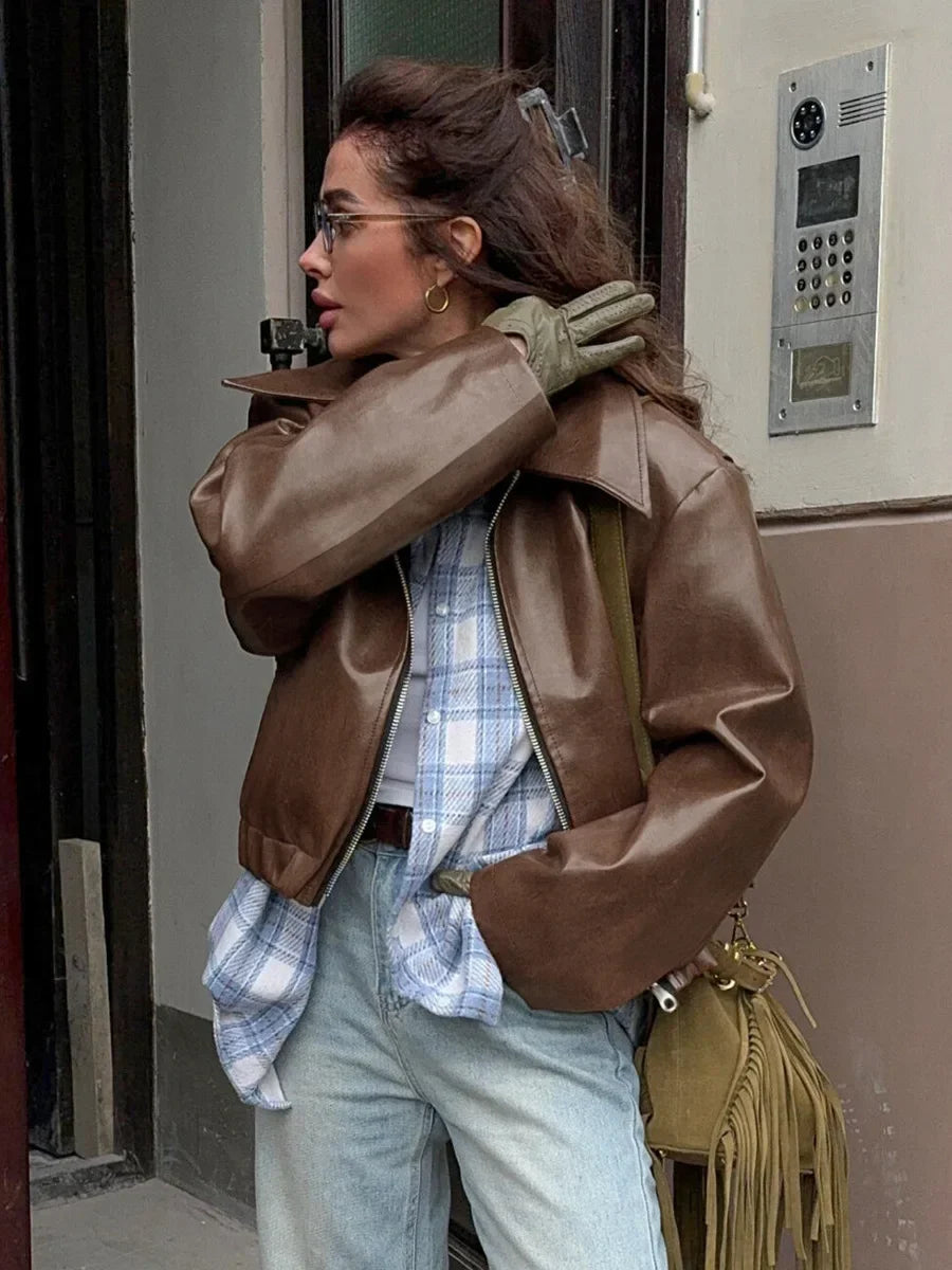 Retro motorcycle style wine red PU leather jacket for women 2025 autumn fashion matte leather jacket jacket