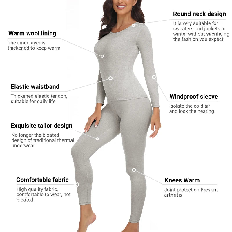 Women Thermal Underwear Set Long Johns Base Layer Set Warm Top Bottom for Winter Soft Round neck Lingerie Keep Warm Base Layer
