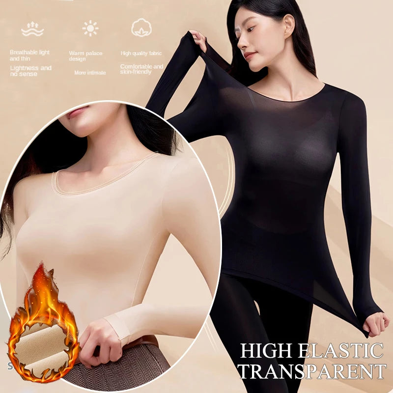 Women Warm Thermal Underwear Ultra Thin Traceless Long Sleeves Clothes High Elastic Set Black Tech Constant Temperature Lingerie