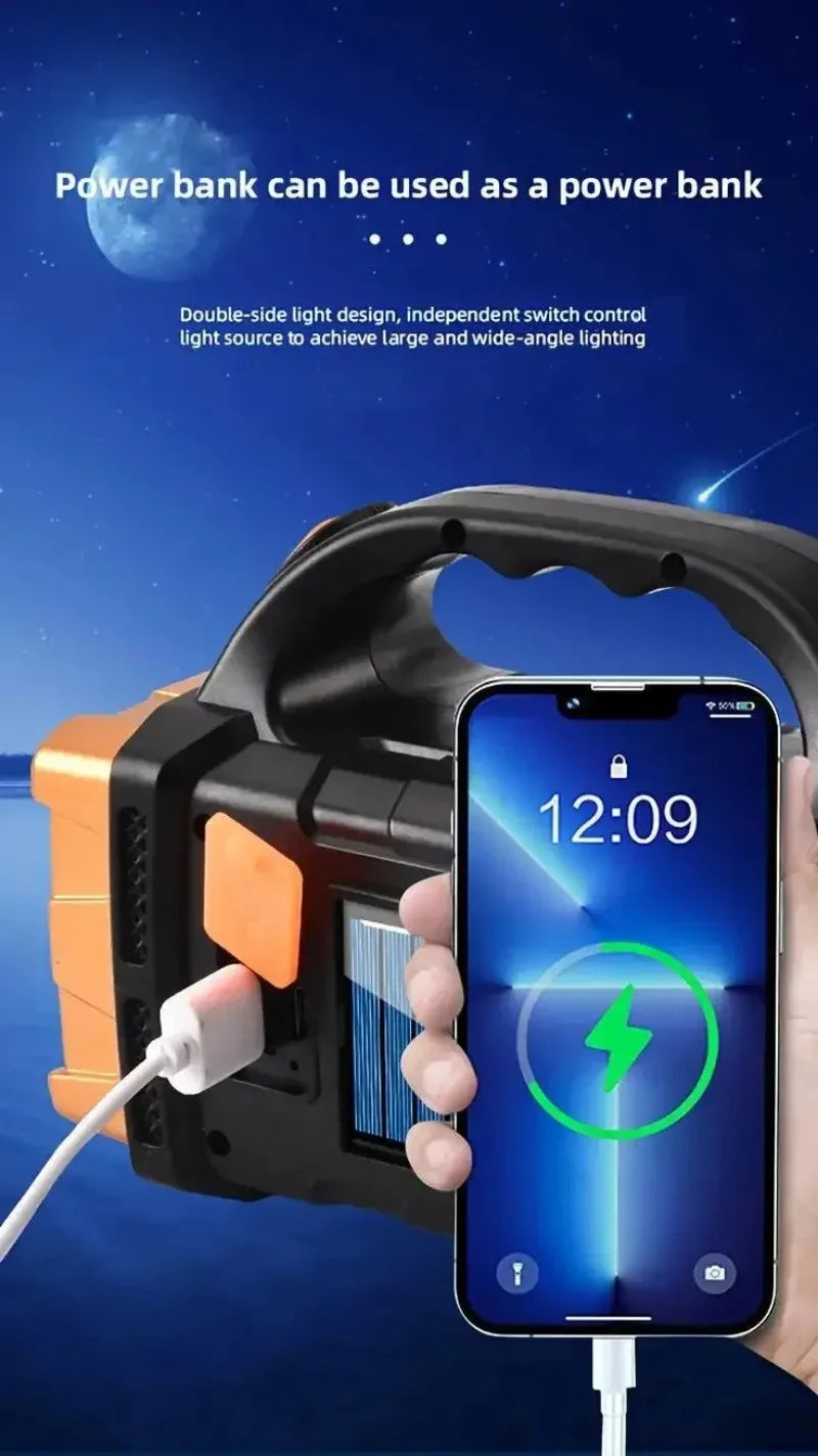 LED Flashlight USB+Solar Rechargeable Flashlight COB Outdoor Camping Torch Portable Searchlight Power Bank for Fishing Outdoor