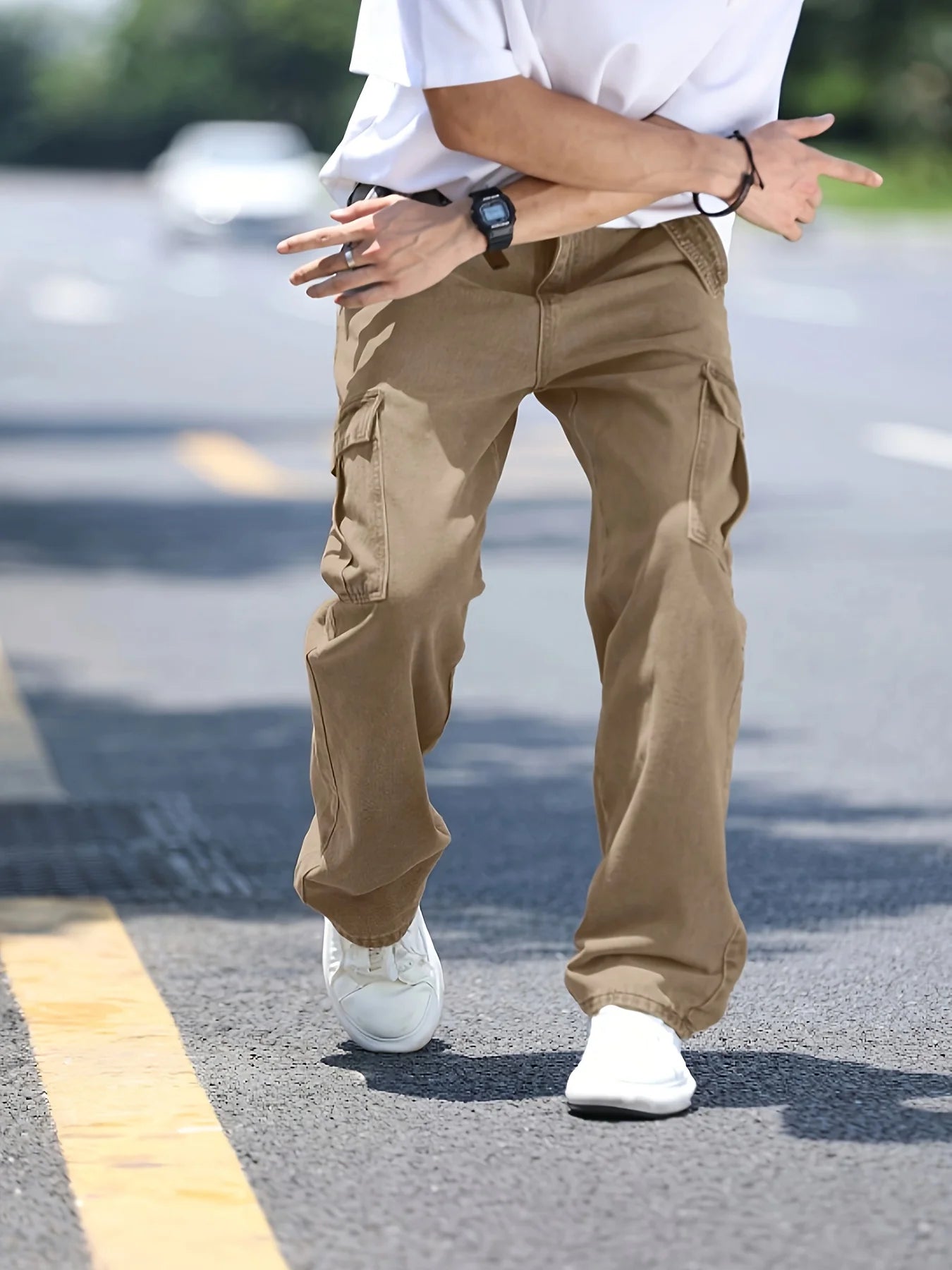 Men's multi pocket denim work pants straight leg denim pants