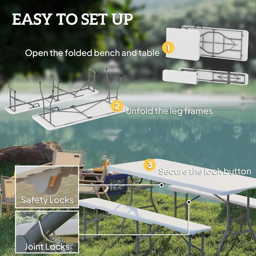 6ft 3-Piece Portable Picnic Table & Bench Set – Folding Camping Table with Chairs & Carrying Handles for Indoor & Outdoor Use