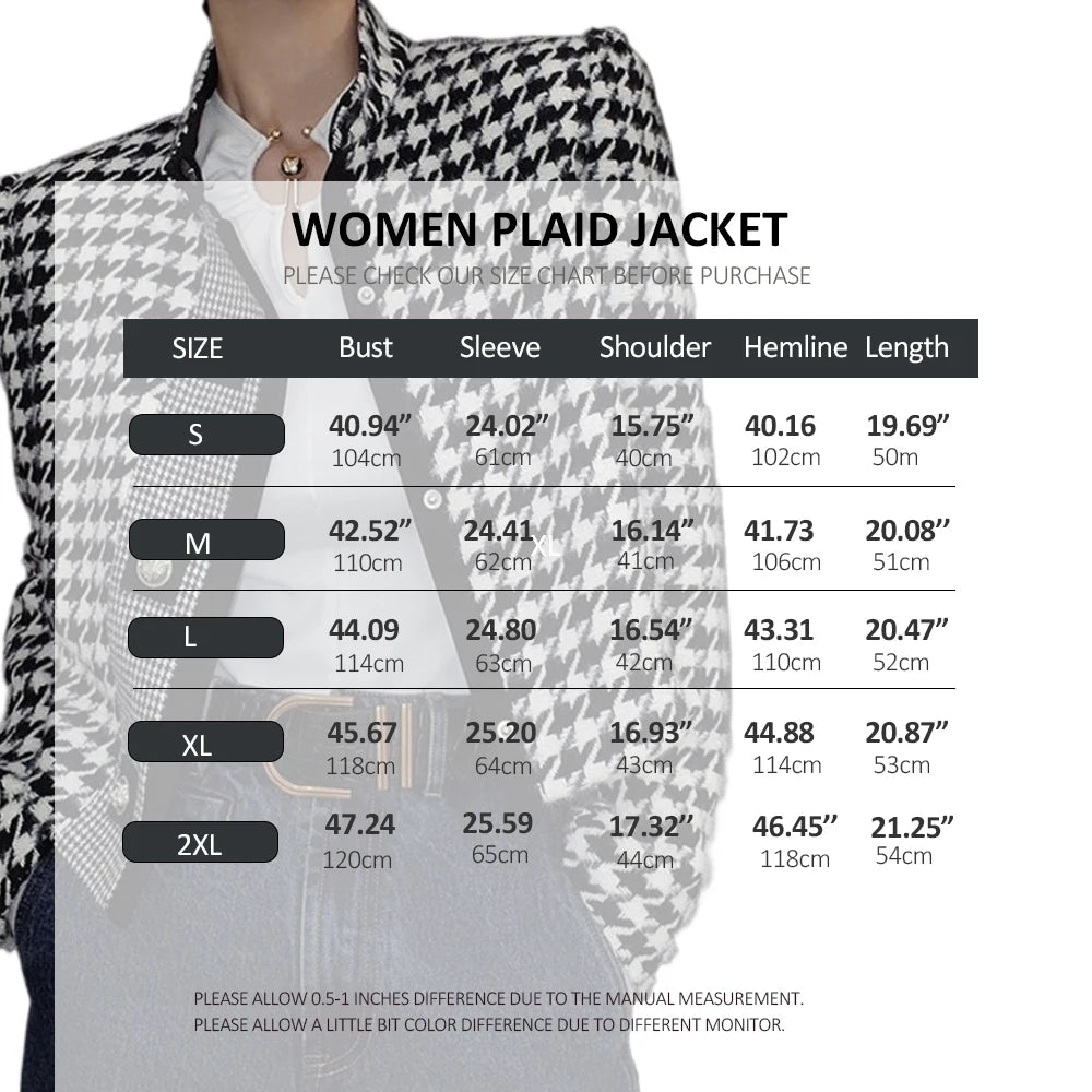 Women's Houndstooth Outerwears & Jacket Stand Collar Long Sleeves Autumn Winter Fall Clothes 2024 Women Classics Coat