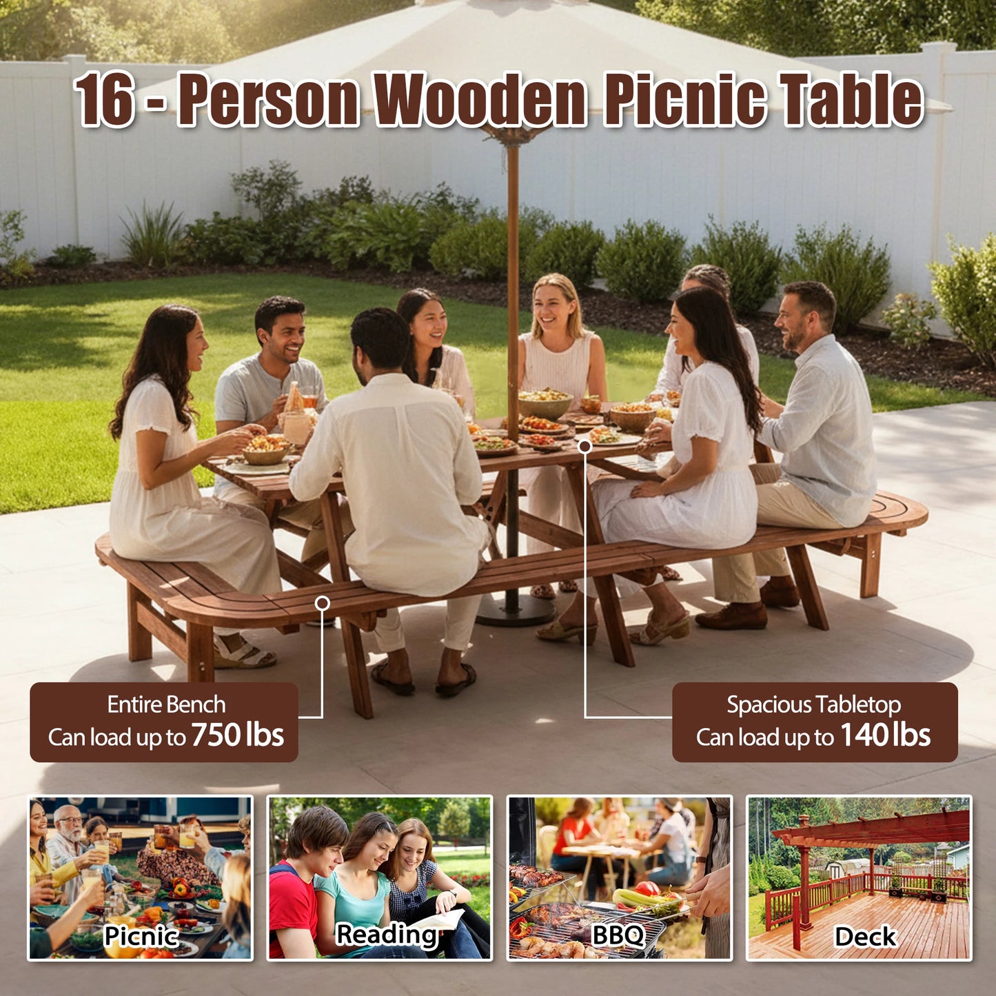 "16-Person Wooden Picnic Table w/ Umbrella Hole, Durable Outdoor Furniture for Patio, BBQ, Deck"
