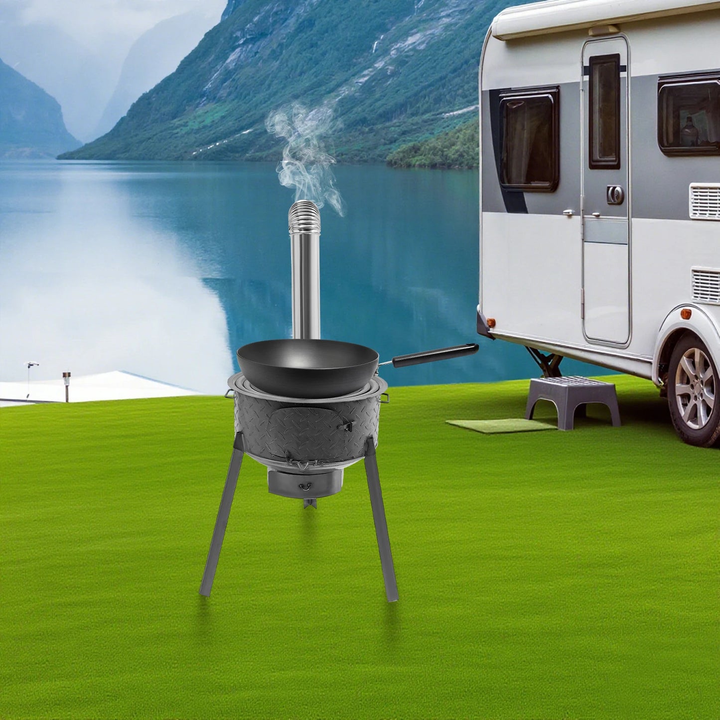 Wood Burning Stove with 3 Wok Rings Multifunction Camping Rocket Stove  for Outdoor Backyard Cooking