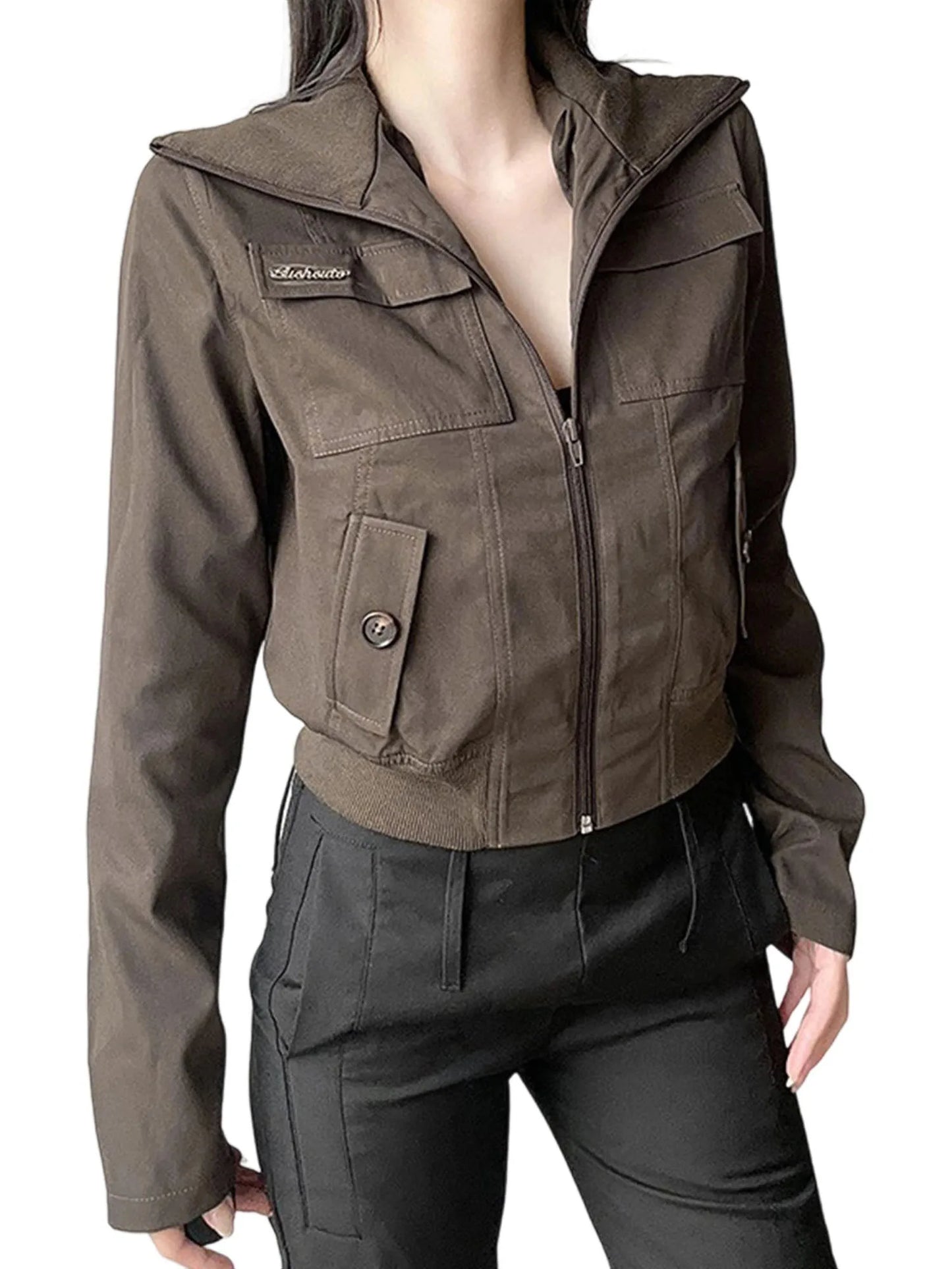 Women s Military Style Utility Jacket with Multiple Pockets and Drawstring Waist Casual Long Sleeve Zip Up Coat
