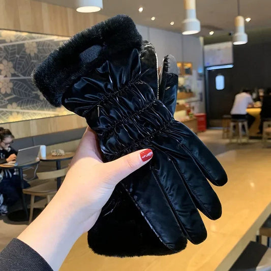 Ski Gloves Women Winter Fleece Thickened Warm Plush Cotton Waterproof Touch-Screen Gloves For Outdoor Riding Mountaineering