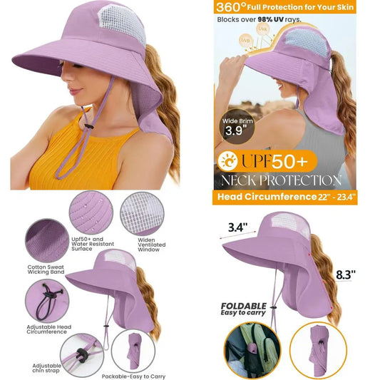 Sun Hats for Women UV Protection with Neck Flap Wide Brim Beach Hats with Ponytail Hole for Hiking Fishing Gardening Travel