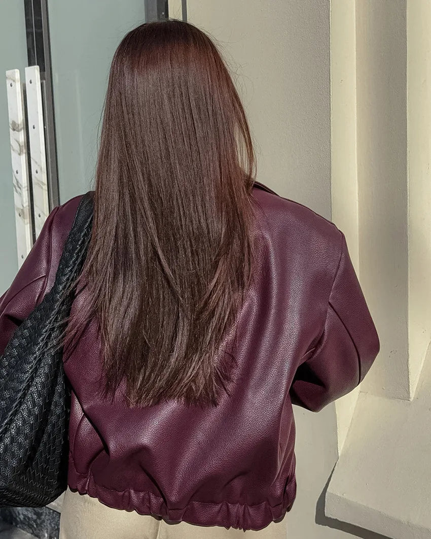 Retro motorcycle style wine red PU leather jacket for women 2025 autumn fashion matte leather jacket jacket