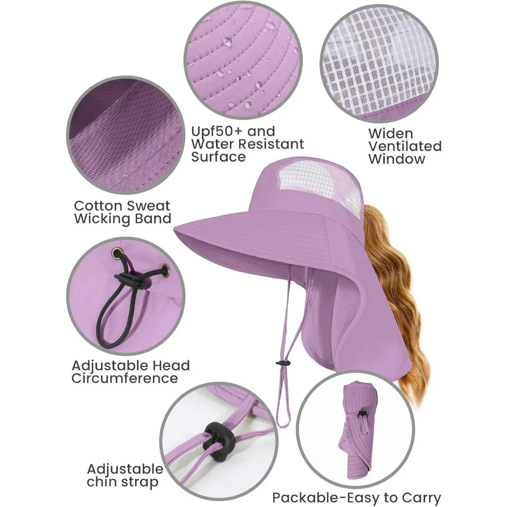 Sun Hats for Women UV Protection with Neck Flap Wide Brim Beach Hats with Ponytail Hole for Hiking Fishing Gardening Travel