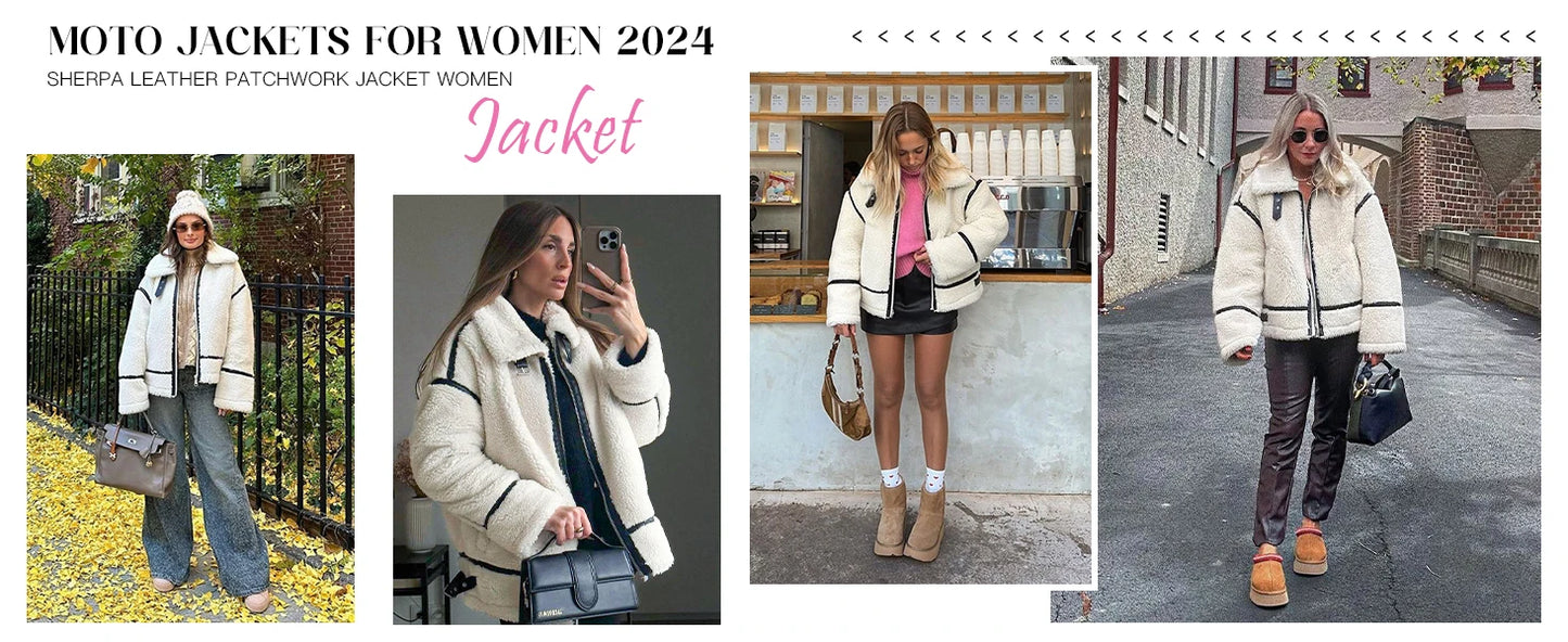 Womens Winter Autumn Daily 2025 Faux Fur Jackets Winter Trendy Sherpa Moto Leather Patchwork Zip Up Coat