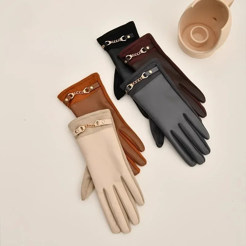 Winter Women Suede Leather Plus Velvet Keep Warm Chain Gloves Fashion Elegant Touch Screen Soft Drive Cycling Windproof Mittens