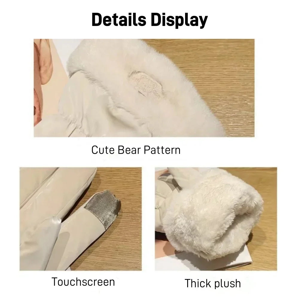 Ski Gloves Women Winter Fleece Thickened Warm Plush Cotton Waterproof Touch-Screen Gloves For Outdoor Riding Mountaineering