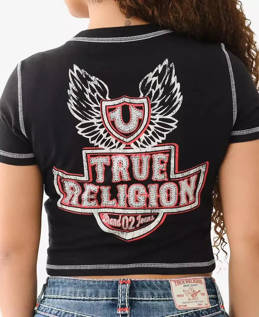 True Religion Women's Black Wings Crewneck T-Shirt Contrast Stitching Short Sleeve Running Fitness Sportswear