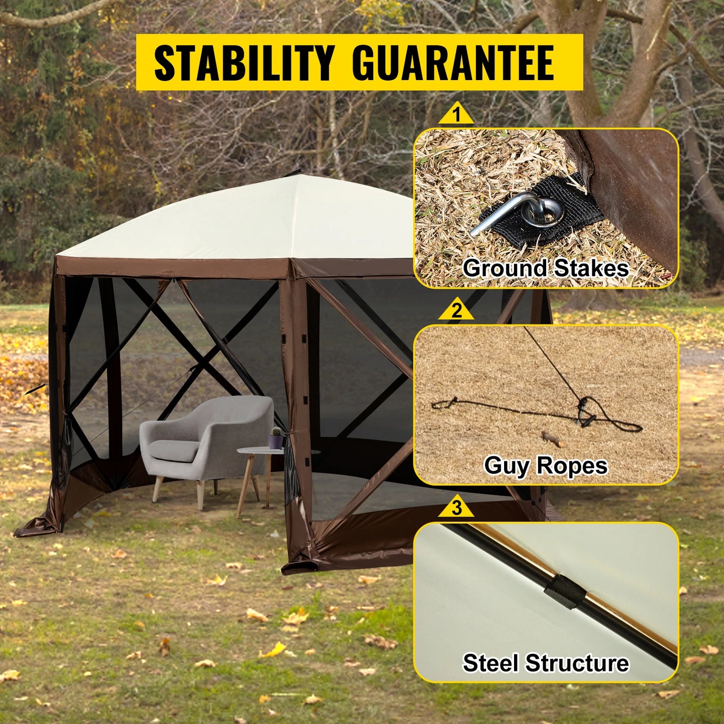 SucceBuy Pop-up Camping Gazebo Camping Canopy Shelter 6 Sided 12' x 12' Sun Shade Tents & Canopies Camping & Hiking