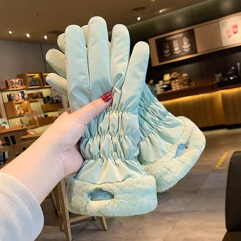 Ski Gloves Women Winter Fleece Thickened Warm Plush Cotton Waterproof Touch-Screen Gloves For Outdoor Riding Mountaineering