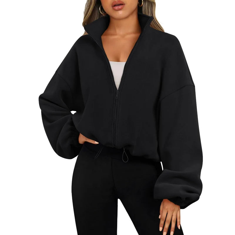 Women's Sports Coat Fleece-lined Warm Casual Loose Running Crop Top Long Sleeve Fitness Sweatshirt Sports Coat Yoga Sweatshirt