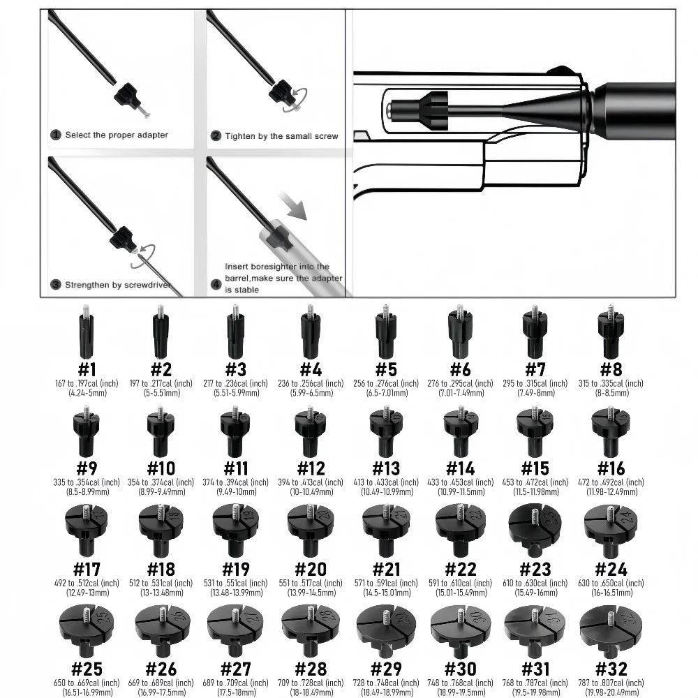 EZshoot Bore Sight Kit Bright Green or Red Dot BoreSighter with Big Button Switch for .17 to 12GA Caliber (32pcs)