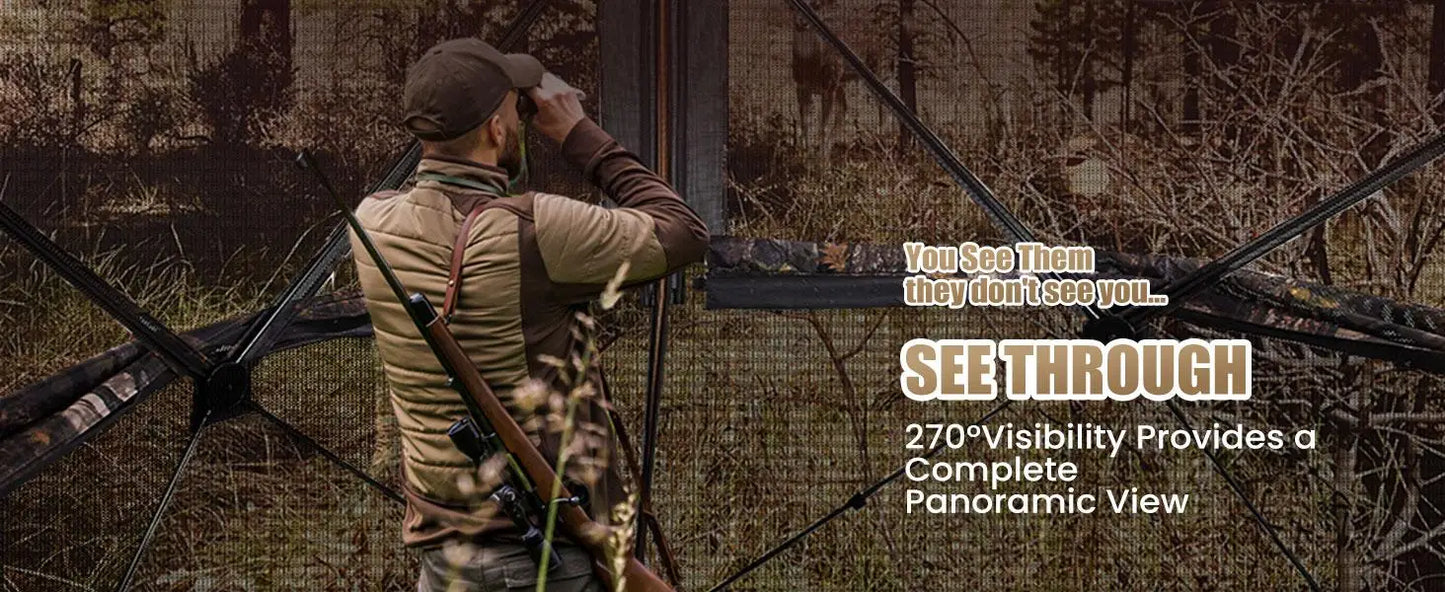 A—Hunting Blind 300D See Through Ground Blinds with Carrying Bag, 2/3/4 Person 270 Degree 2 Doors Pop Up Deer Blind Portable