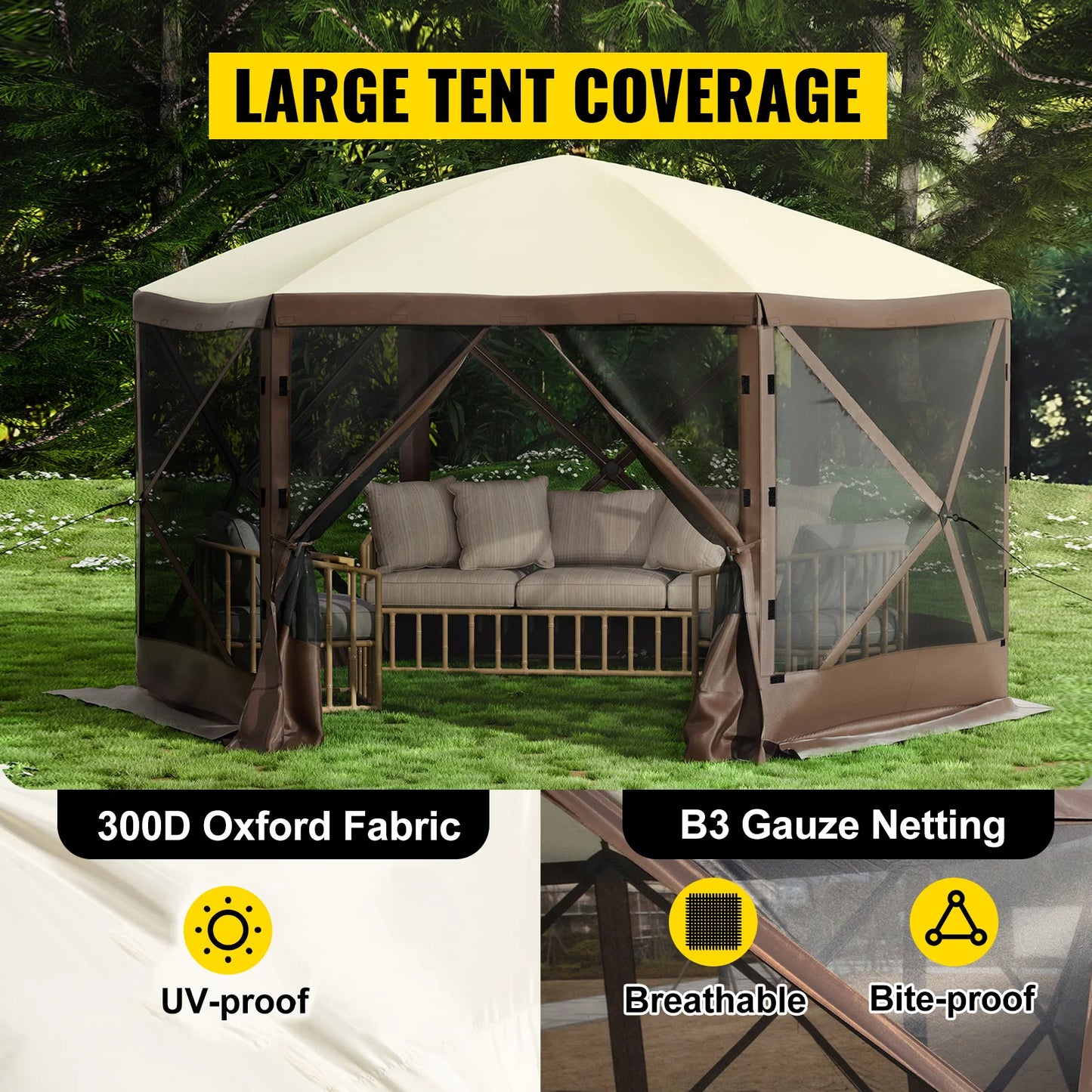 SucceBuy Pop-up Camping Gazebo Camping Canopy Shelter 6 Sided 12' x 12' Sun Shade Tents & Canopies Camping & Hiking
