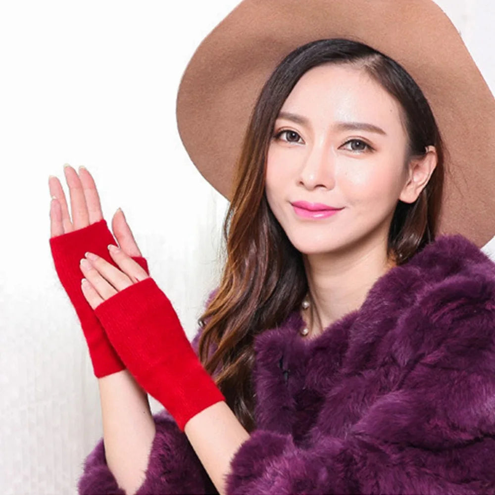 Mink Cashmere Gloves Autumn Winter Women Girl Gloves Fingerless Warm Knitted Wool Mitten Wrist Length Thumb Hole Mitts Fashion