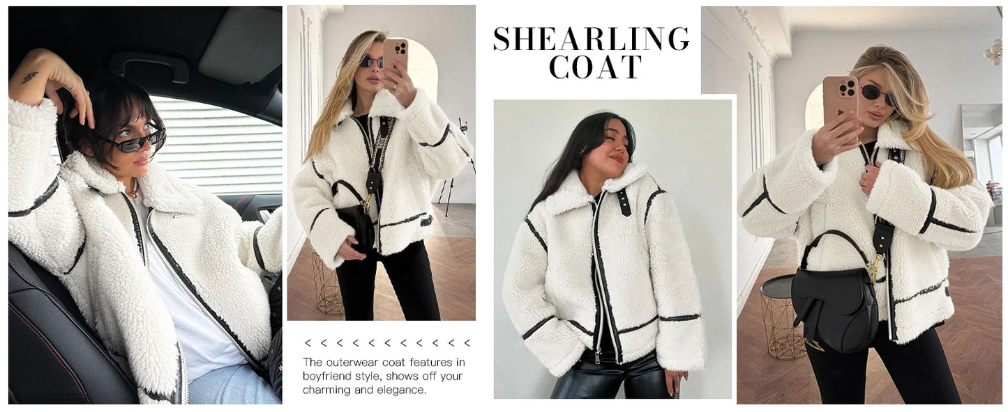 Womens Winter Autumn Daily 2025 Faux Fur Jackets Winter Trendy Sherpa Moto Leather Patchwork Zip Up Coat