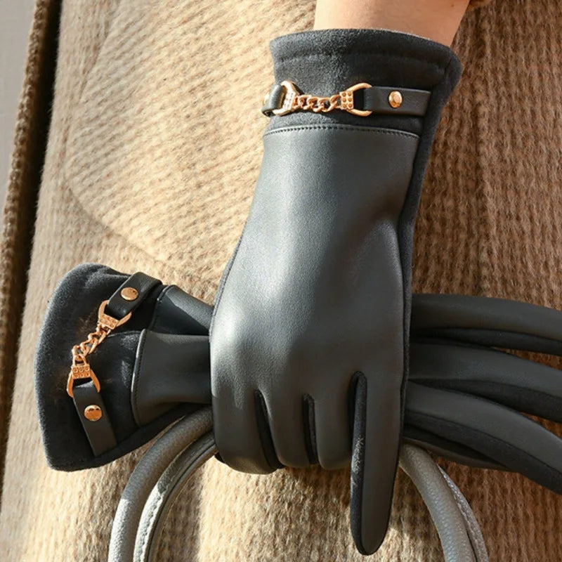 Winter Women Suede Leather Plus Velvet Keep Warm Chain Gloves Fashion Elegant Touch Screen Soft Drive Cycling Windproof Mittens