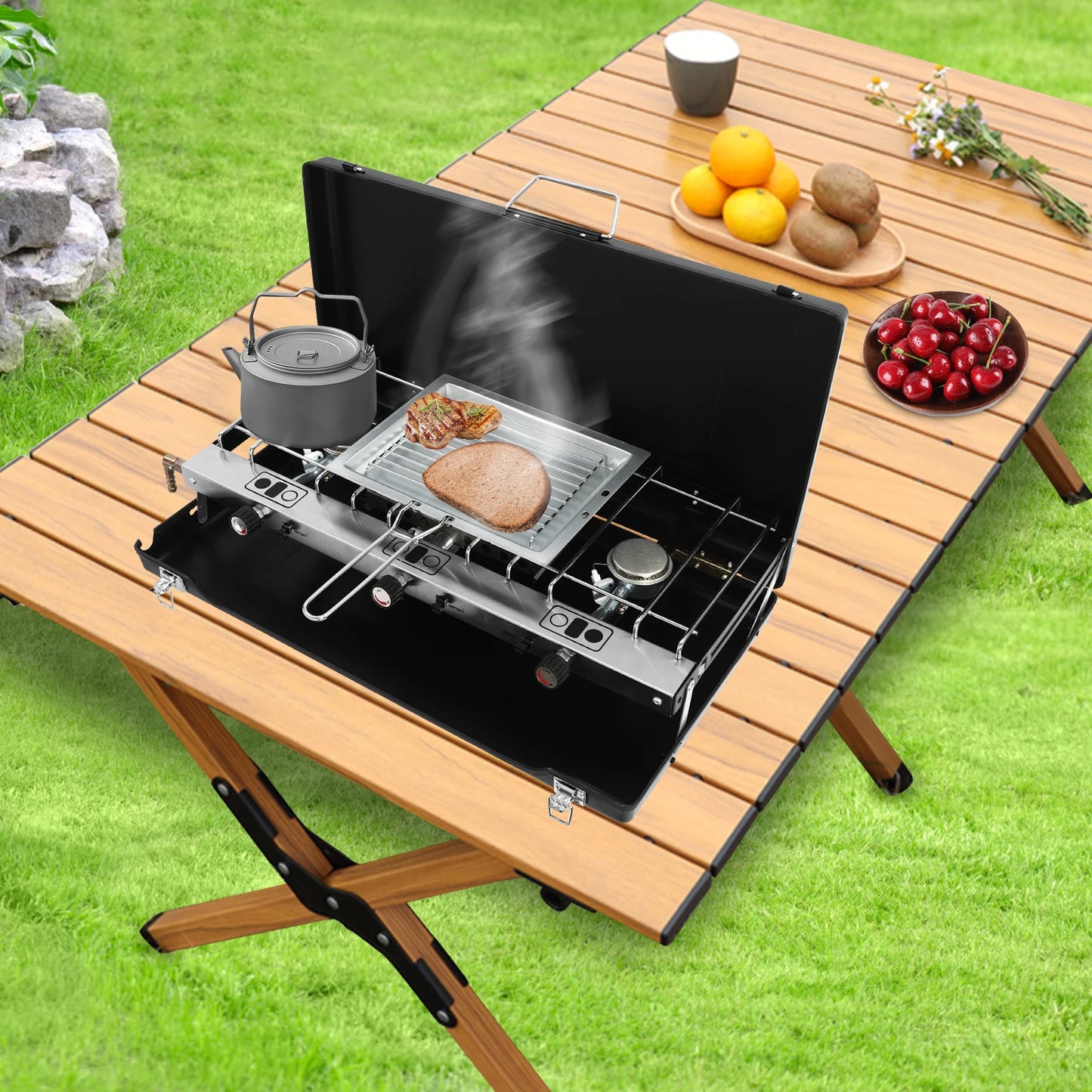 Portable Camping Stove Gas Powerful 3 Separate Burner Windshield for Tourist Picnic BBQ Outdoor Cassette Lightweight, Black