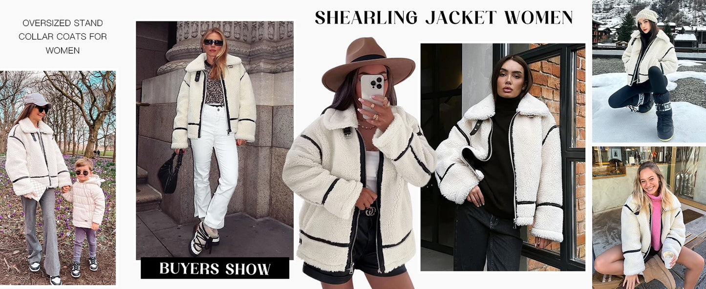 Womens Winter Autumn Daily 2025 Faux Fur Jackets Winter Trendy Sherpa Moto Leather Patchwork Zip Up Coat