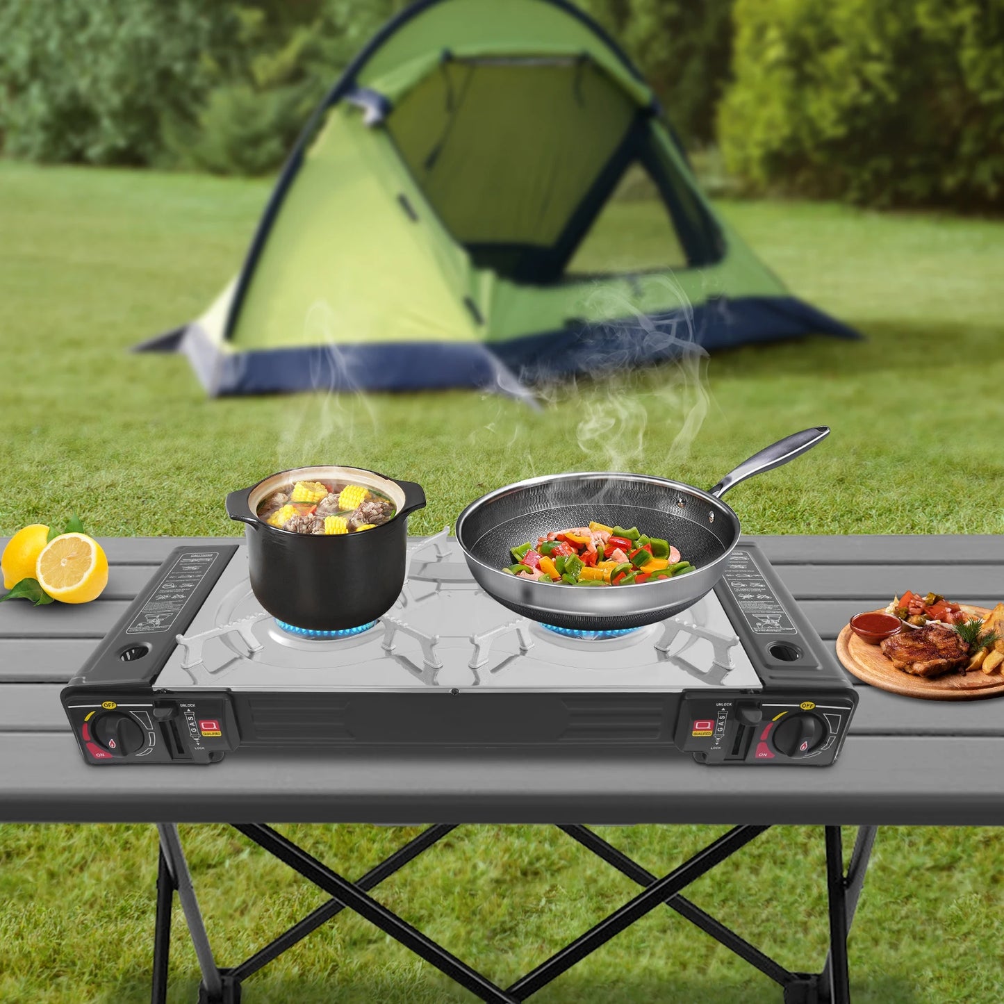 Double Head Barbecue Gas Stove Portable Camping Barbecue Stove with Baking Tray Outdoor Picnic Barbecue Tool