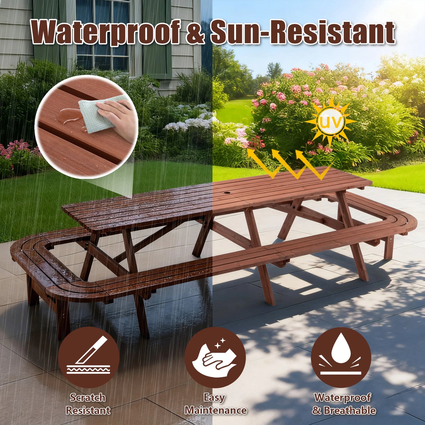"16-Person Wooden Picnic Table w/ Umbrella Hole, Durable Outdoor Furniture for Patio, BBQ, Deck"