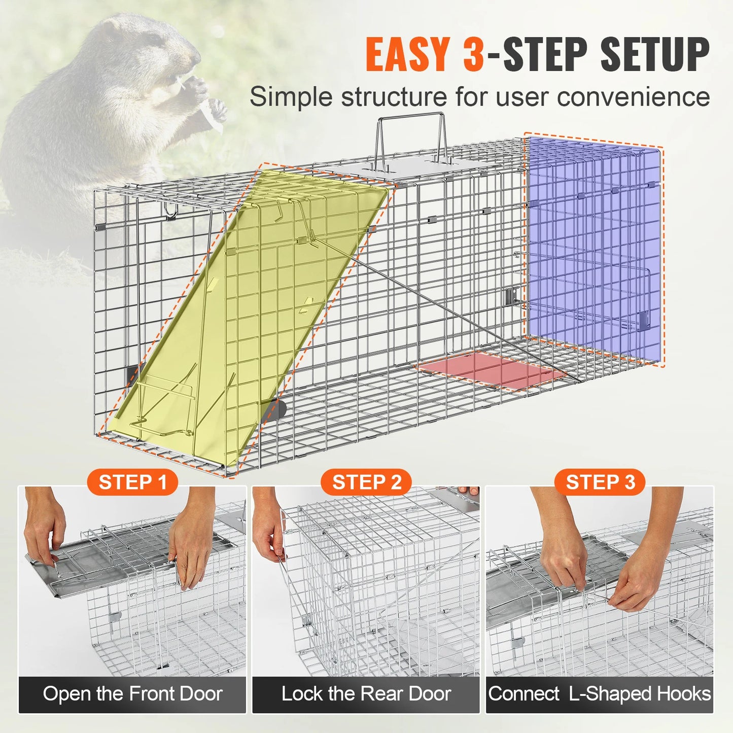 SucceBuy 24/31/42/50in Animal Cage Trap Folding Humane Cat Trap Galvanized Iron with Handle for Rabbits Squirrels Groundhogs