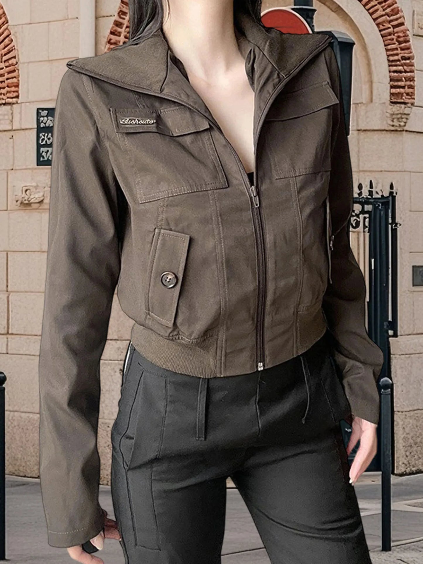 Women s Military Style Utility Jacket with Multiple Pockets and Drawstring Waist Casual Long Sleeve Zip Up Coat