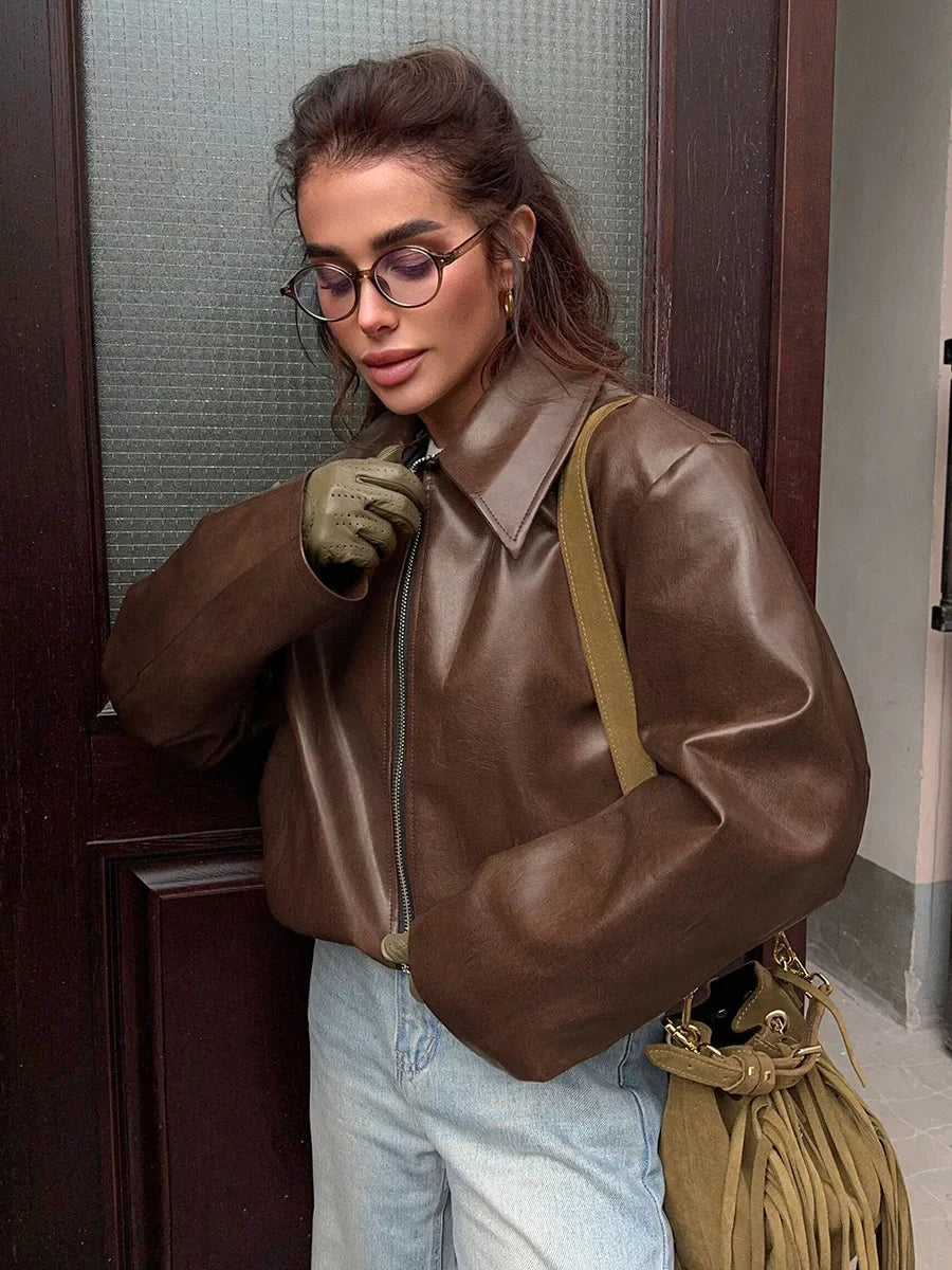 Retro motorcycle style wine red PU leather jacket for women 2025 autumn fashion matte leather jacket jacket