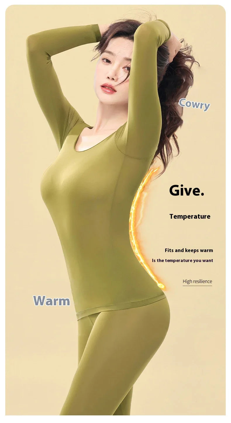 Women Warm Thermal Underwear Ultra Thin Traceless Long Sleeves Clothes High Elastic Set Black Tech Constant Temperature Lingerie