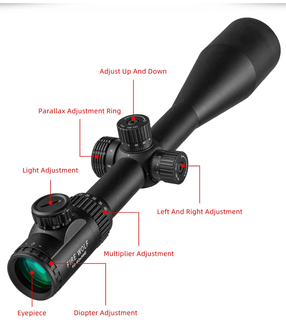 Fire Wolf 10-40X56 AOE Hunting Scopes Side Wheel Parallax Adjustment Optics Riflescope Red Green Dot Sight For Scopes