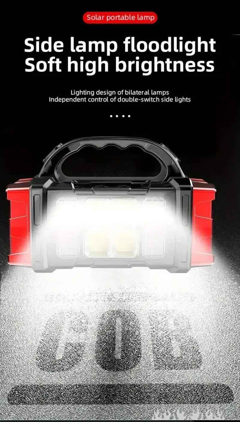 LED Flashlight USB+Solar Rechargeable Flashlight COB Outdoor Camping Torch Portable Searchlight Power Bank for Fishing Outdoor