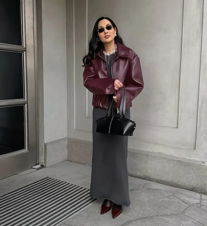 Retro motorcycle style wine red PU leather jacket for women 2025 autumn fashion matte leather jacket jacket